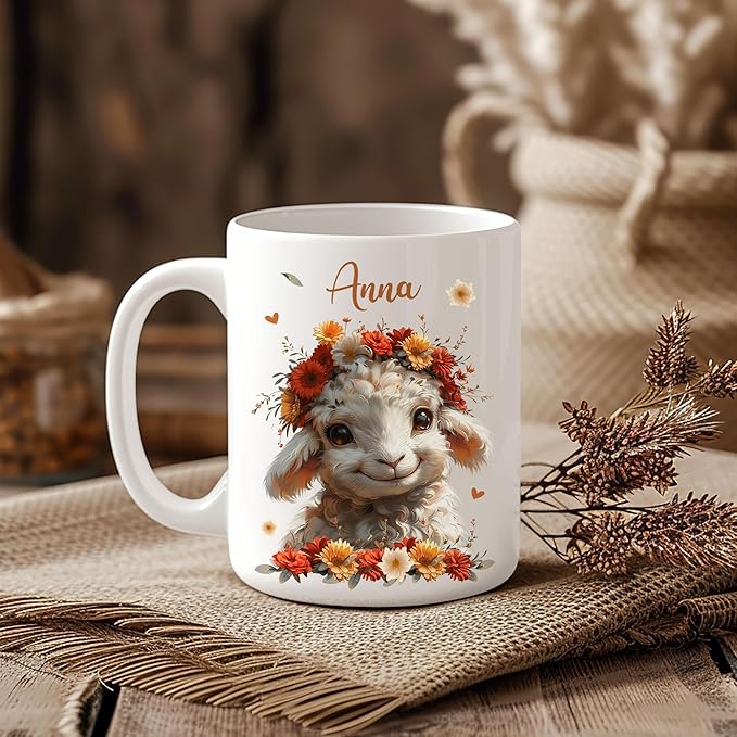 Hyturtle Personalized Cute Lamb Coffee Mug - Gift For Lamb Lover - Just A Girl Who Loves Lambs - Lamb Gift For Women - Animal Lover Gift - Birthday - Custom Name Coffee Cup Ceramic Mug 11oz - 15oz
