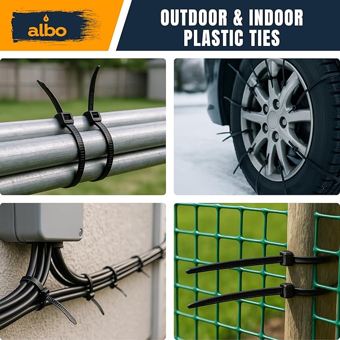 ALBO Black Zip Ties 20 Inch Plastic Cable Ties 100 Pack Tie Wraps Heavy Duty 200lb UV Resistant Nylon Wire Ties