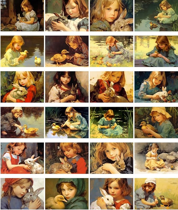 Vintage Postcards (24pcs 4"x6") Cherished Moments of Youth: A Tender Collection of Vintage Postcards Depicting Young Girls in Gentle Companionship with Rabbits and Ducklings, Echoing Innocence