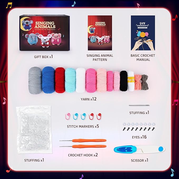 Fortuning's JDS Crochet Kit for Beginners - 4 PCS Crochet Starter Kit with Step-by-Step Video Tutorials, for Adults - Elephant Mouse Pig Koala Microphone Crocheting Set