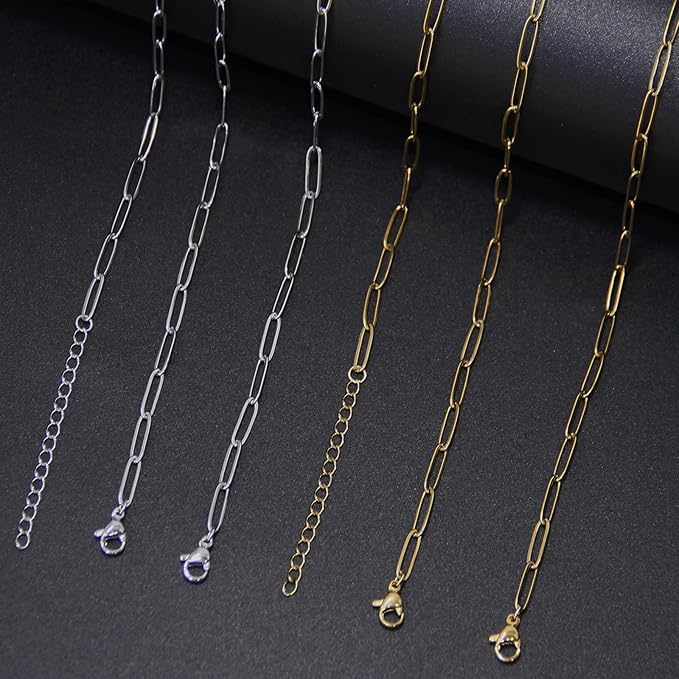 Exway 10 Pcs Paperclip Charm Bracelets Chain 6.5 Inch Stainless Steel Sliver Chain Bracelets Kit with Lobster Clasps for Crafts DIY Women Jewelry Making