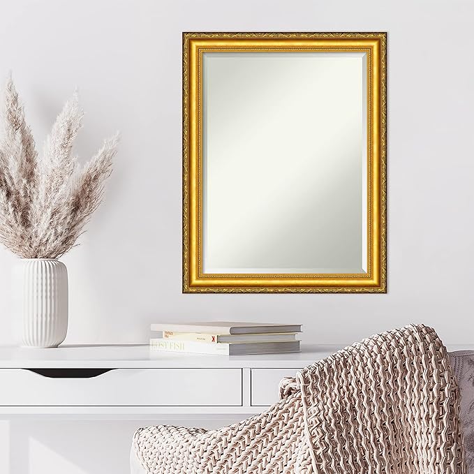 Amanti Art Gold Wall Mirror 28x22 Colonial Embossed Gold Rectangle Bathroom Mirror for Wall Decor Living Room, Medium Traditional Wood Frame, Hangs Horizonally and Vertically, Bathroom Decor, Beveled