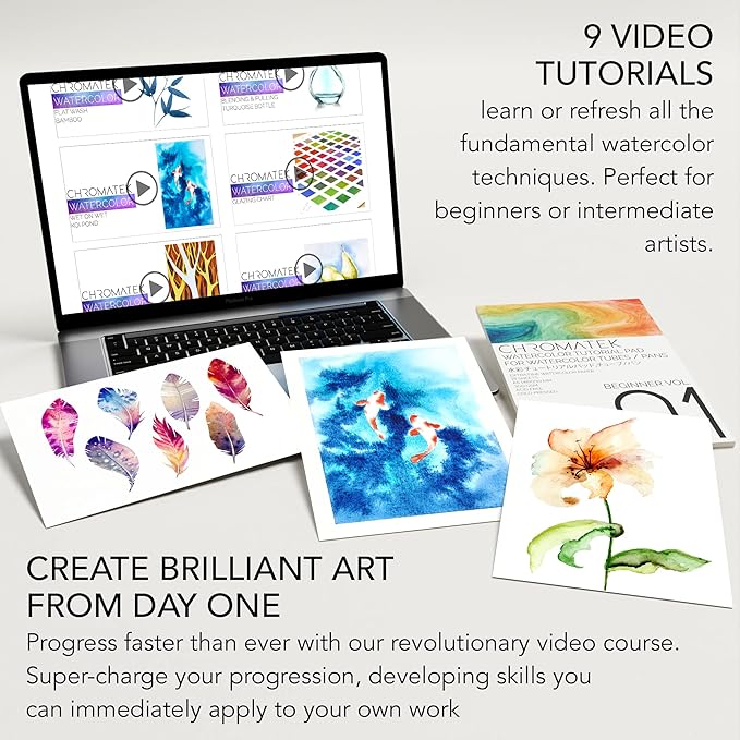 CHROMATEK Watercolor Tutorial Set, 7 Part Video Course, 84 Piece All-In-One Kit, Adults, Beginner & Professional Artists, 48 Watercolor Paint Tubes, 25 Page Workbook, 8 Brushes, Aquapen, Palette, Tape