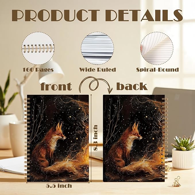 Vintage Fox by the Campfire Notebook, Fox Lover Gifts, Mystical Enchanted Forest Wild Animal Journal, Camping Nature Lovers Gifts Spiral Notebook Journal, 5.5x8.3 Inch