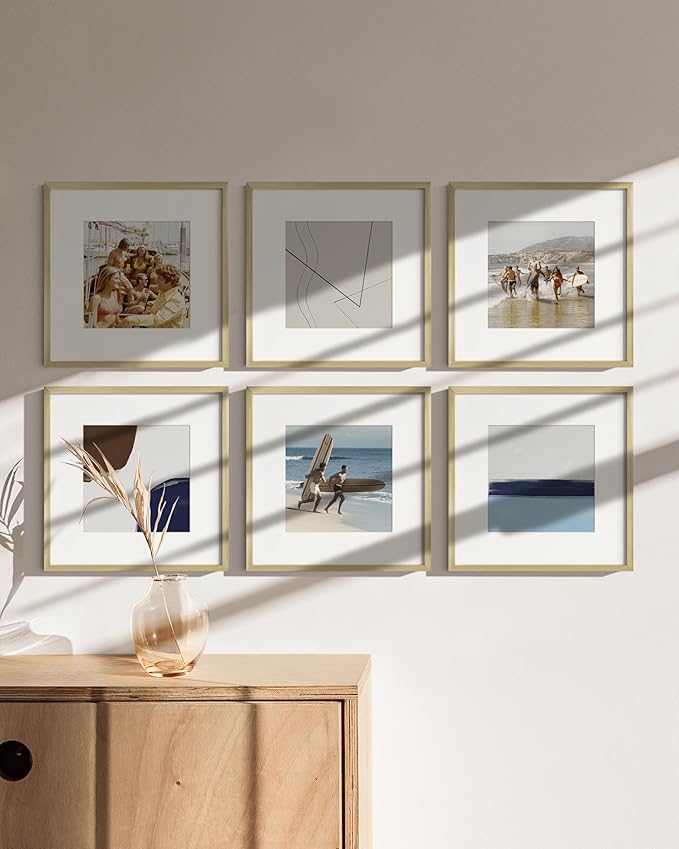 HAUS AND HUES 12x12 Gold Metal Picture Frames Matted to 8x8 - Features Premium Aluminum & Hanging Hardware, Shatterproof Plexiglass - Ideal for Home, Room, Office (12x12 in, Gold, Set of 15)
