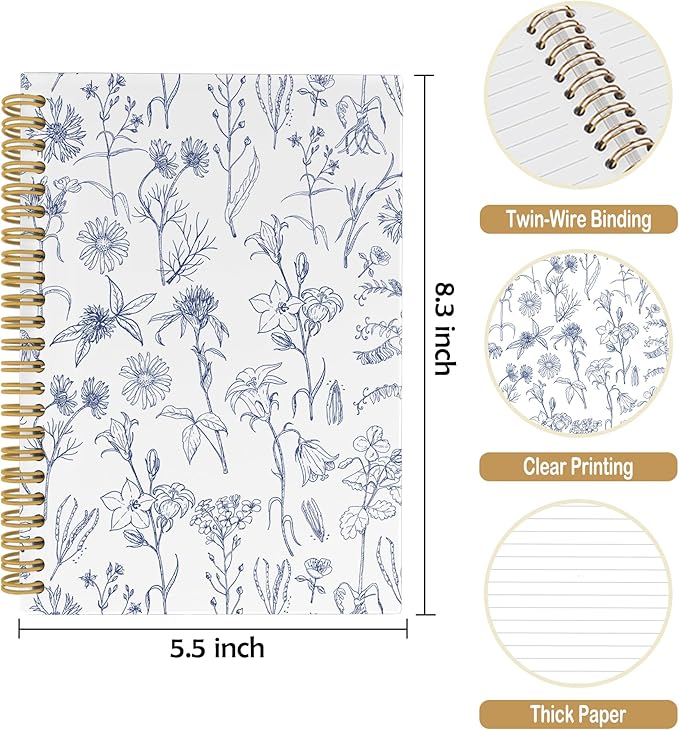 Pugwak Vintage Floral Journal Notebook - Aesthetic Botanical Trendy Flower Notebooks College Ruled for Work School, Gifts for Women Coworker, Office Supplies, Hardcover Spiral Notebook 5.5"x8.3"
