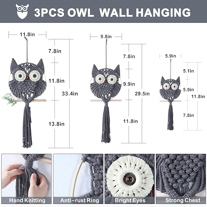 MVSUTA Owl Grey Cotton Handmade Macrame Wall Hanging Tapestry Home Decor Art and Gray Craft Wonderful Decoration Woven Boho Ornament for Office Bedroom Apartment Nursery Gallery,3pcs set:1pc L & 1pc M