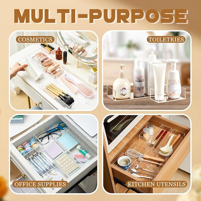 5 Pack Acrylic Desk office Organizer, Makeup Drawer Organizer Trays, Storage Bins for stationery, Makeup, Jewelry, Gadgets for Kitchen, Office, Bedroom, Bathroom