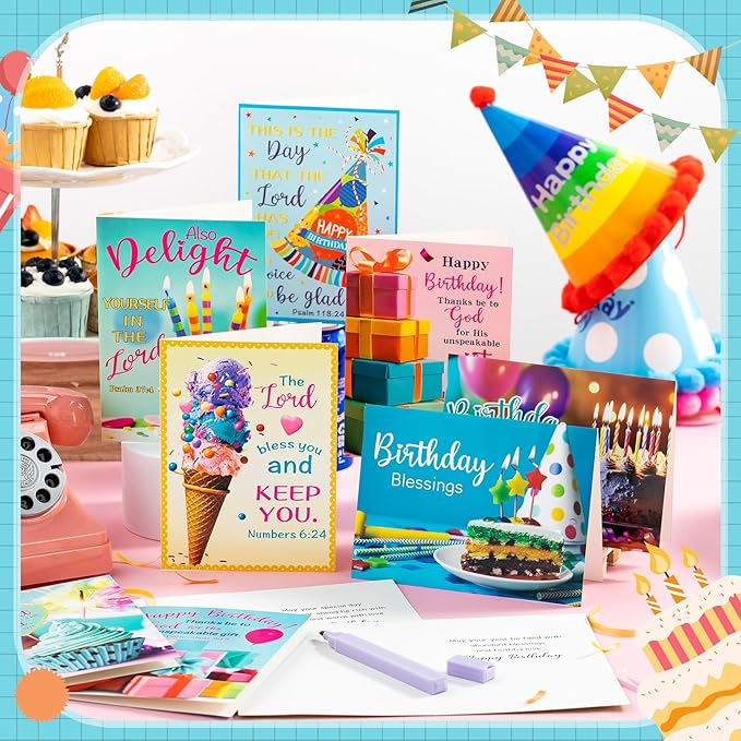 48 Pack Religious Christian Birthday Cards Bulk with Scripture Assorted Bible Verse 4.5 x 6.2 Inch Christian Blessings Birthday Greeting Cards with Envelopes and Stickers (Bright Style)