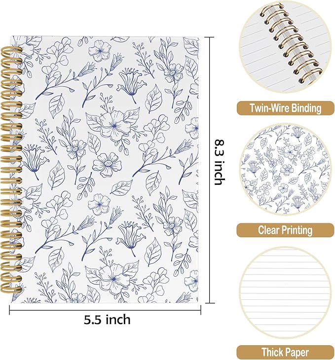 Pugwak Vintage Floral Journal Notebook - Aesthetic Botanical Flower Line Notebooks College Ruled for Work School, Gifts for Women Coworker, Office Supplies, Hardcover Spiral Notebook 5.5"x8.3"