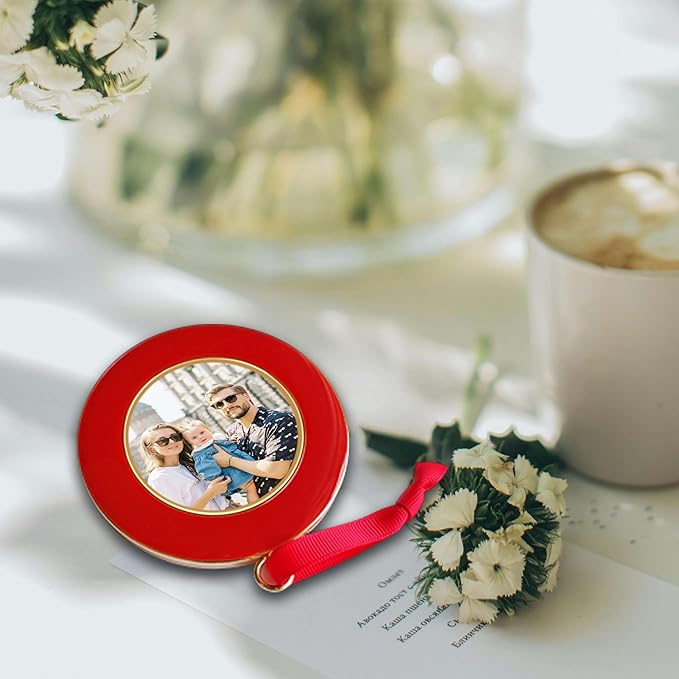 Christmas Picture Frame Ornaments - Set of 4 Red 2.5x2.5 Inch Mini Frames with Red Ribbon, Metal Photo Frames for Christmas Tree Decorations, Holiday Gift for Family & Friends