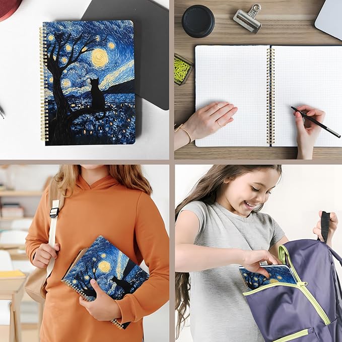 Cute Spiral Notebook journal A4 Aesthetic Pretty Design for Women Girls Kawaii with Pocket, 8.5 x 11 inch, Graph, Cat Galaxy