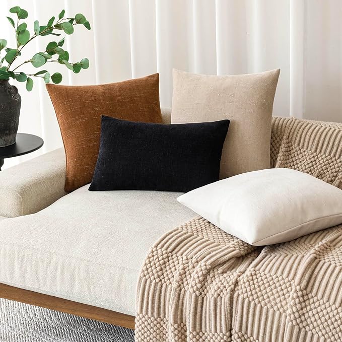 Foindtower Pack of 2 Soft Textured Chenille Throw Decorative Pillow Covers Lumbar Accent Solid Cushion Cover Cozy Farmhouse Pillow Case with Zipper for Couch Sofa Bedroom Living Room 12x24 Inch, Black
