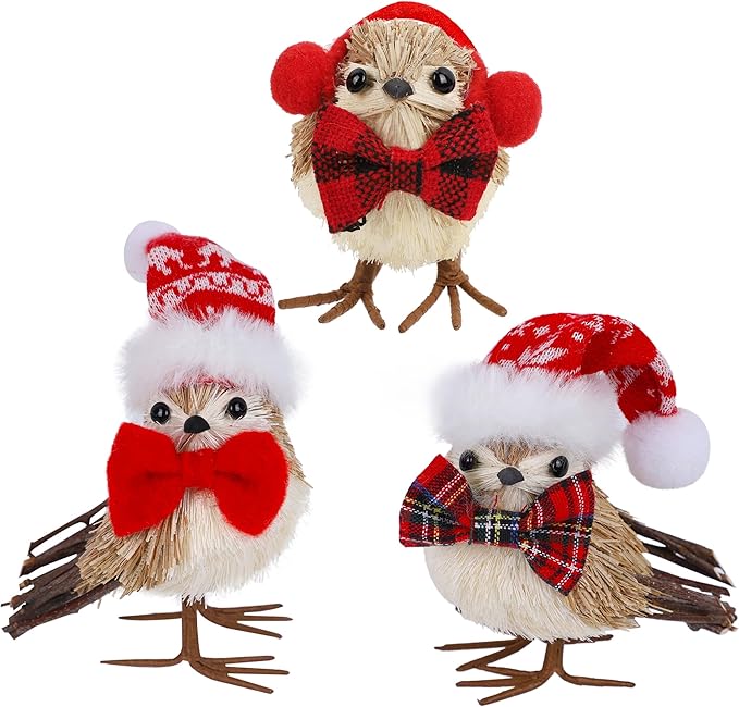 Set of 3 Christmas Birds Table Top Decorations, Christmas Twig Bird Figurines with Plush Hat, Red Bird Xmas Ornaments Tabletop Decor for Mante Kitchen Fireplace Home Holiday
