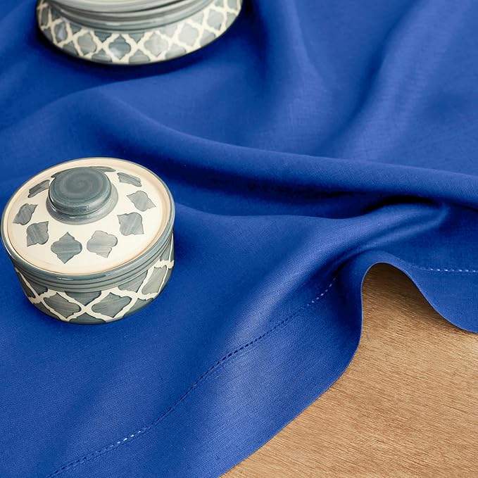 Solino Home Linen Royal Blue Table Runner 156 Inches Long - 100% Pure Linen Extra Long Table Runner 14 x 156 Inch for Spring - Classic Hemstitch