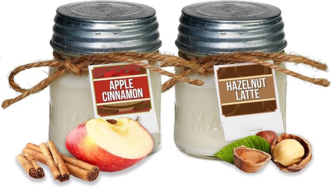 Aira Soy Candle Gift Set - Organic, Kosher, Vegan in Mason Jar w/Therapeutic Grade Essential Oils - Hand-Poured 100% Soy Candle Wax - No Paraffin - Apple Cinnamon & Hazelnut Latte - 8 Ounce x 2