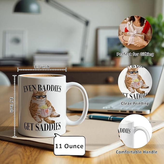 Funny Orange Cat Meme Mug 11 oz, Mental Health Gifts, Anxiety Relief Gifts Coffee Cups Ceramic, Even Baddies Get Saddies Ceramic Mug for Coffee Tea Hot Cocoa Home Office Work