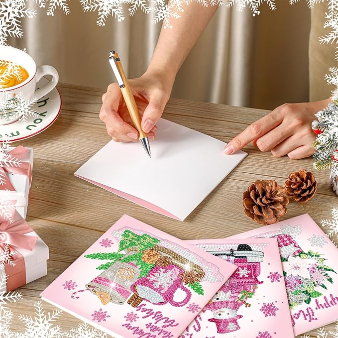 Saillong 12 Pack Pink Christmas Diamond Painting Greeting Card Kits Winter Diamond Art Cards with Envelopes Snowman 5D Rhinestones Painting Making Kits for Adults DIY Craft Family Friend Holiday Gifts