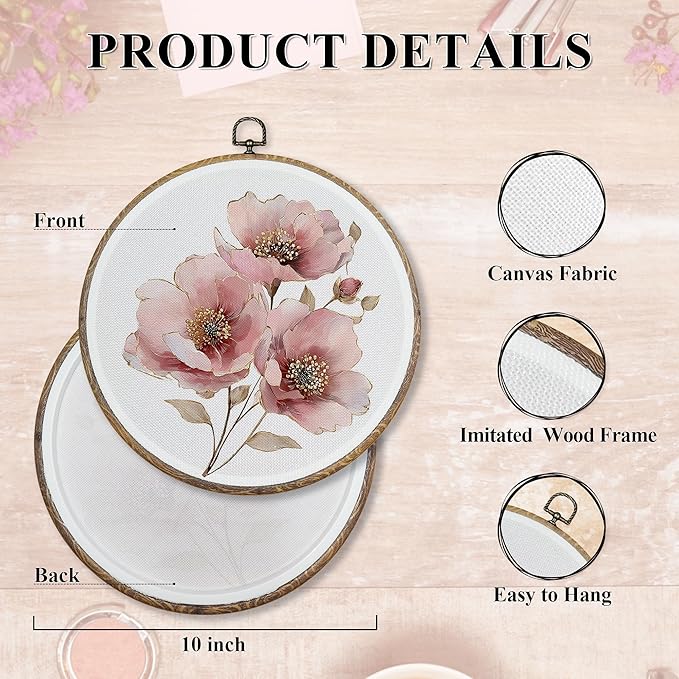 FUGWN Vintage Pink Floral Round Wall Art Decor Framed, Rustic Floral Canvas Artwork Prints, Farmhouse Cottagecore Botanical Flower Wall Hanging Decorations for Home Bedroom Living Room, 10x10 Inch