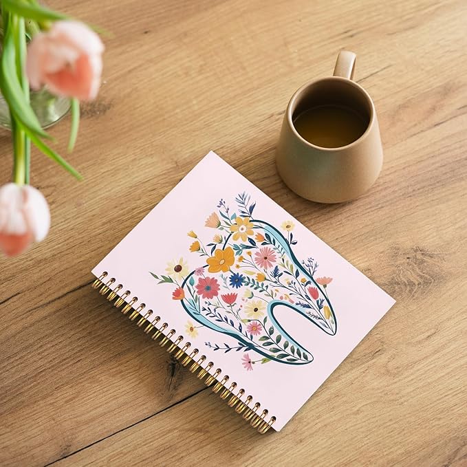 WUCHJ Dentist Gifts Notebook Journal, Dental Assistant Office Gifts for Women, Pink Floral Tooth Dental Spiral Notebook Journal for Note Taking, Dentist Office Supplies, 5.5x8.3 Inch