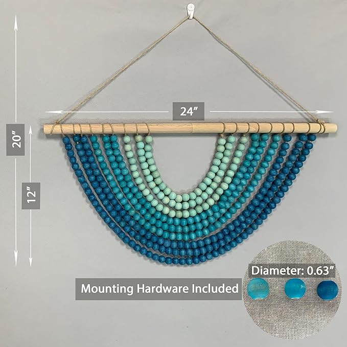 Fenisam Boho Chic Wooden Bead Garland Wall Hanging Tapestry, Natural-Inspired Home Decor for Living Room, Bedroom, Entryway, Nursery, Apartment & Dorm (Coastal Breeze Gradient, 24 Inches)