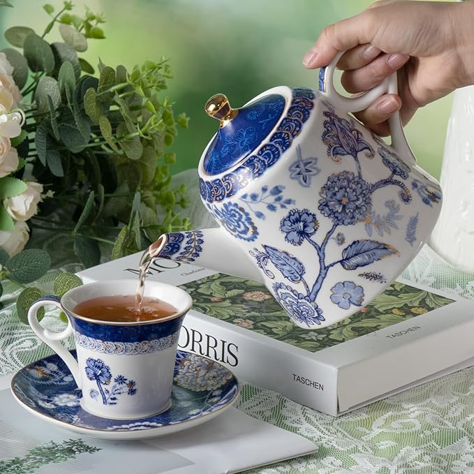 Tea Set for Adults Ceramic Tea Pots and Tea Cup Set, Royal Blue Tea Cups and Saucers Set for Afternoon Tea, Party, Home, Office, Porcelain Chinese Gong Fu Tea Set with Gold Rim (Navy Gold Seal)