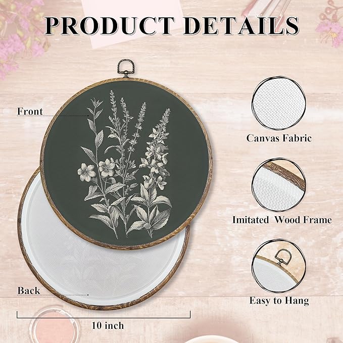 FUGWN Vintage Floral Botanical Round Wall Art Decor Framed, Rustic Cottagecore Wildflower Canvas Artwork Prints, Retro Floral Wall Hanging Decorations for Home Bedroom Living Room, 10x10 Inch
