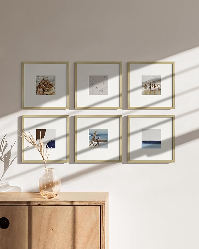 HAUS AND HUES 10x10 Gold Metal Picture Frames Matted to 5x5 - Premium Aluminum with Hanging Hardware, Shatterproof Plexiglass - Ideal for Home or Office (10x10 in, Gold, Set of 15)