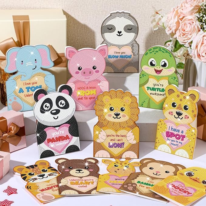 Saillong 12 Pack Valentine's Day Diamond Painting Greeting Card Kit Animal Diamond Art Cards with Envelopes Valentine 5D Rhinestones Painting Making Kits for Adult DIY Craft Family Friend Holiday Gift