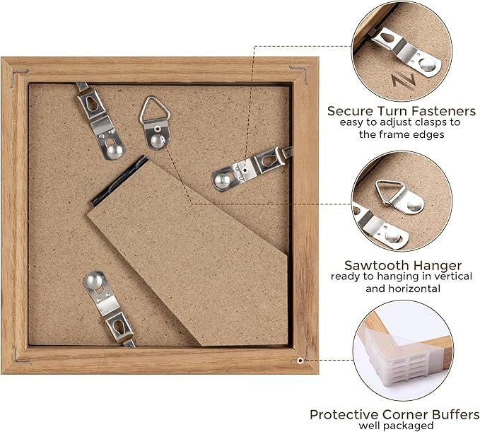 Solid White Oak Wood 4x4 Picture Frame - Set of 2 with Tempered Real Glass for Wall & Tabletop Display