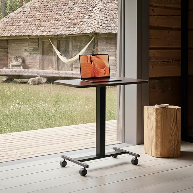 HUANUO Small Rolling Laptop Standing Desk, Height Adjustable Mobile T-Base Desk with Lockable Casters, Portable Sit-Stand Workstation for Bedside & Sofa, Walnut