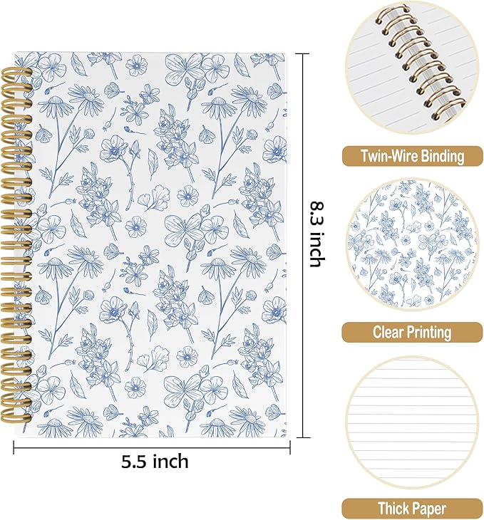 Vintage Floral Journal Notebook - Aesthetic Botanical Flower Notebooks College Ruled for Work School, Gifts for Women Coworker, Office Supplies, Hardcover Spiral Notebook 5.5"x8.3"