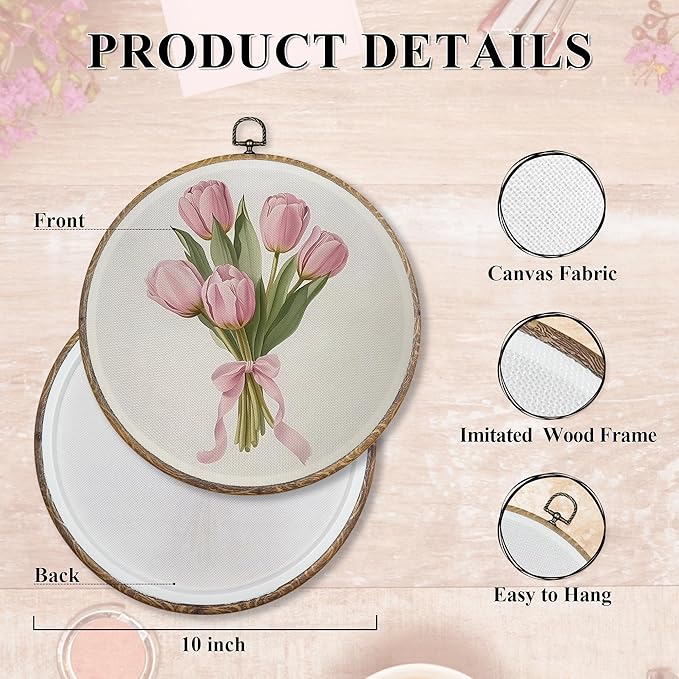 FUGWN Coquette wall decor Pink Tulip Floral Round Wall Art Decor Framed, Pink Bow Tulip Flower Bouquet Canvas Artwork Prints, Floral Wall Hanging Decorations for Girly Bedroom Room Home, 10x10 Inch