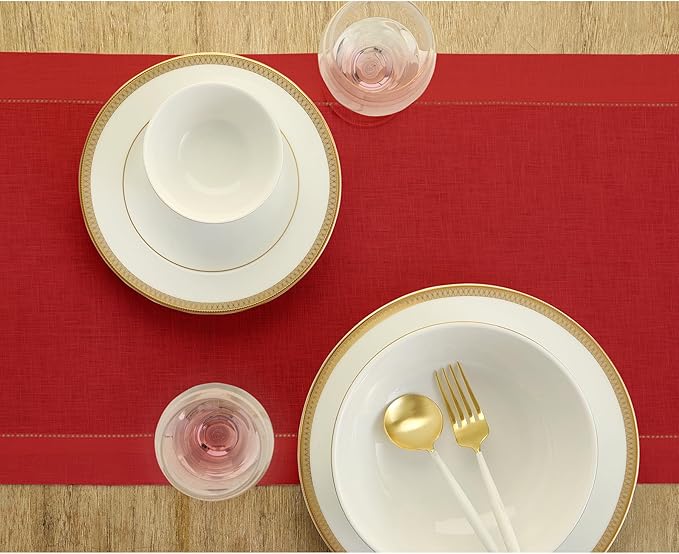 Solino Home Linen Red Table Runner 132 Inches Long - 100% Pure Linen Extra Long Table Runner 14 x 132 Inch for Valentines, Winter - Classic Hemstitch
