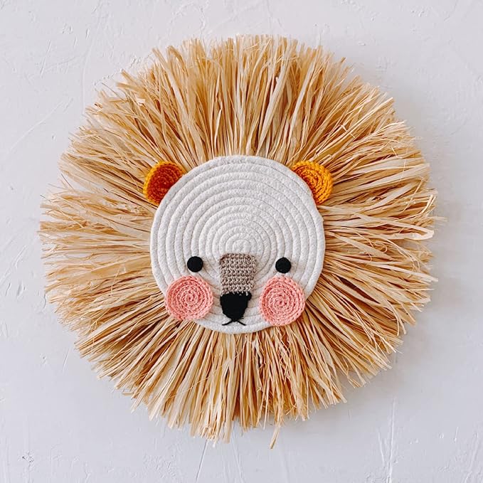 Charlbytion Wall Art Animal Head Hand Knitted Hanging,Cotton Thread Weaving Straw Cartoon Tassel Beard Lion Tiger Macrame Pendant Nursery Room Wall Decor for Home Decoration (16''*16'', G)