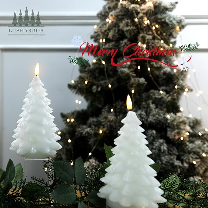 Flameless Candles with Remote Timer, 2 Pack Christmas Tree Candles Battery Operated LED Candles Real Wax Holiday Christmas Decoration for Bedroom Party Festival Gift White