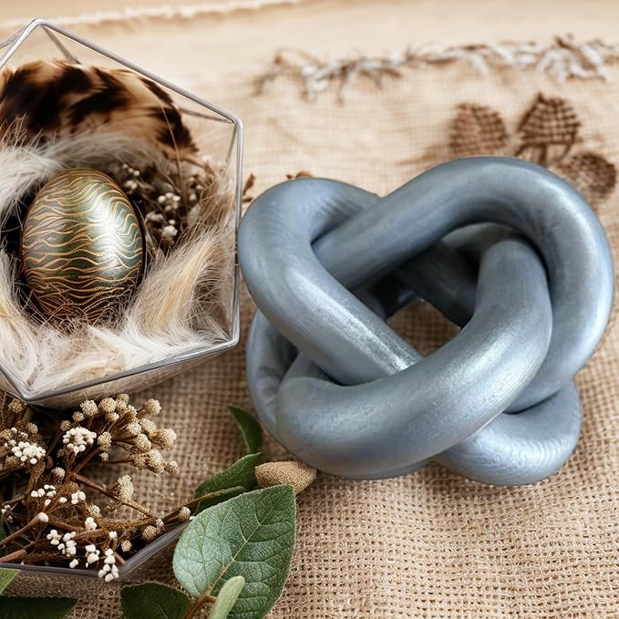 GUDAGUU Wood Knot Decor -Coffee Table Decor Shelf Decor Table Books Hand Carved Home Decoration Boho Country Rustic Modern Shabby Chic Style 3 Link Wooden Knot Chain Link Decor (Silver)