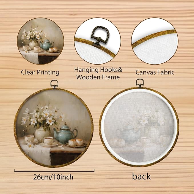 Hiuwevt Vintage Teapot Floral Round Wall Art Decor, Antique Still Life Framed Canvas Prints, Rustic French Country Round Wall Hanging Decor for Home Kitchen Decorations, 10x10 Inches