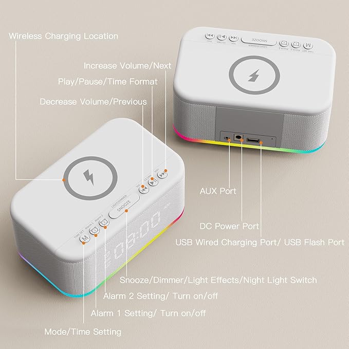 Alarm Clock Speaker Wireless Charger, Digital Alarm Clocks Bedrooms Bluetooth, Alarm Clock Dimmable Light Bedrooms Bluetooth Speaker Dual Alarm Snooze 12/24H Dimmer Support USB AUX, White