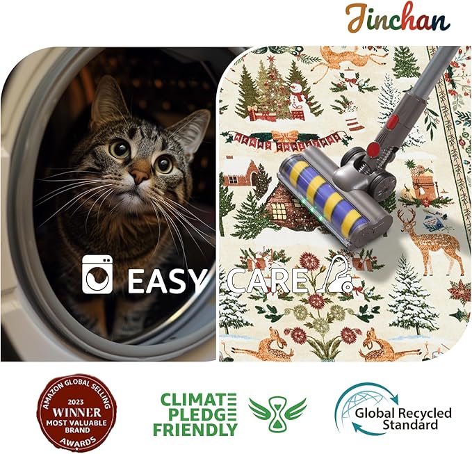 jinchan Christmas Rug 2x3 for Entryway Kitchen Small Holiday Rug for Porch Bathroom Christmas Tree and Cabin Printed Winter Xmas Decor Washable Doormat for Bedroom Non Slip Green on Beige