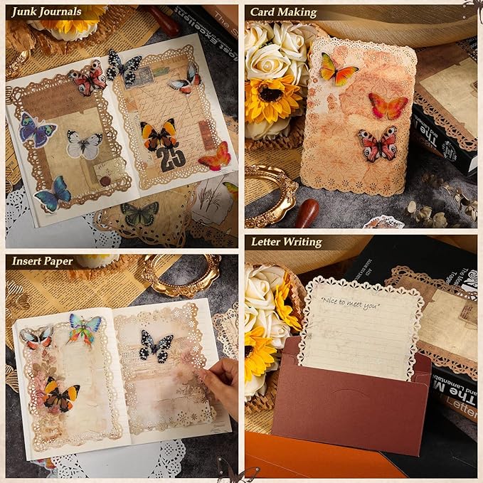 Vintage Scrapbook Supplies, 80 Sheets Lace Edged Scrapbook Stationery Paper with Double Sided Tape Roller for Junk Journal Making, Decoupage and Card Crafts, 4.9x6.9 Inches