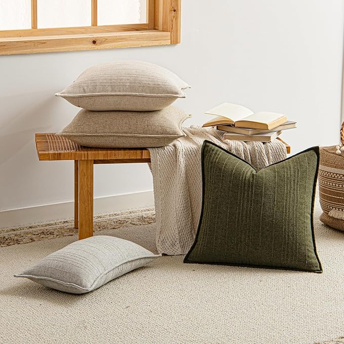 a moment Linen Pillow Covers Set of 2,Boho Farmhouse Throw Pillowcases Neutral Textured Decorative Covers for Couch Sofa,Linen Blend Accent Case Cushion Living Room Home Decor 24"x24"Dark Green