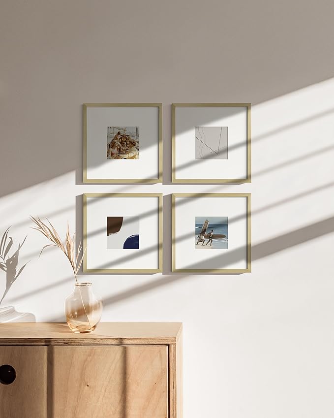 HAUS AND HUES 10x10 Gold Metal Picture Frames Matted to 5x5 - Premium Aluminum with Hanging Hardware, Shatterproof Plexiglass - Ideal for Home or Office (10x10 in, Gold, Set of 4)