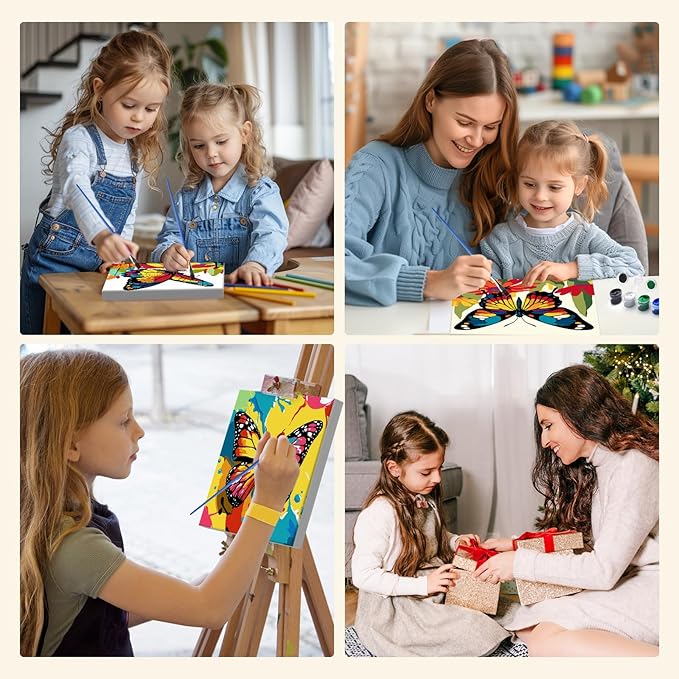 MXJSUA 4 Pack Colorful Butterflies Framed Canvas Paint by Numbers for Kids Adults, Animals Paint by Numbers Kit for Children Beginners, DIY Acrylic Painting Craft Kits for Home Wall Decor, 8x8 inch
