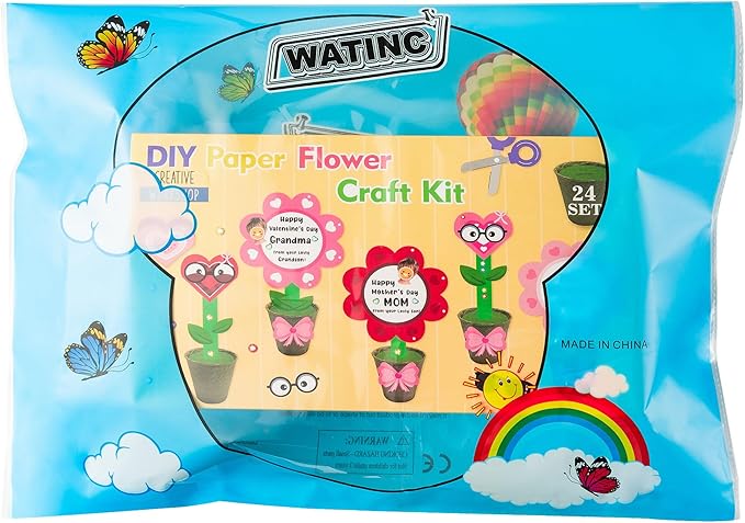 WATINC Valentine's Day Foldable Flower Paper Pot Craft Kits - 24 Packs Make Your Standing Flowers Gift Crafts Decoration, Fun DIY Decor Home School Classroom Art Activities for Kids (Heart Flower)
