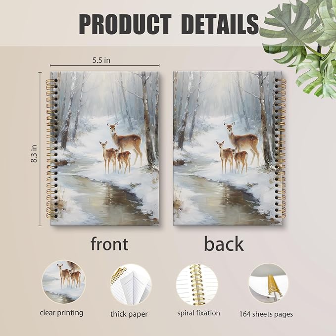 XNXLDYLH Vintage Winter Christmas Scene Deer Notebook Journal, Rustic Farmhouse Spiral Notebook, Nature Journals Notebooks, Christmas Winter Deer Office School Supplies Gifts for Women Men,5.5x8.3Inch