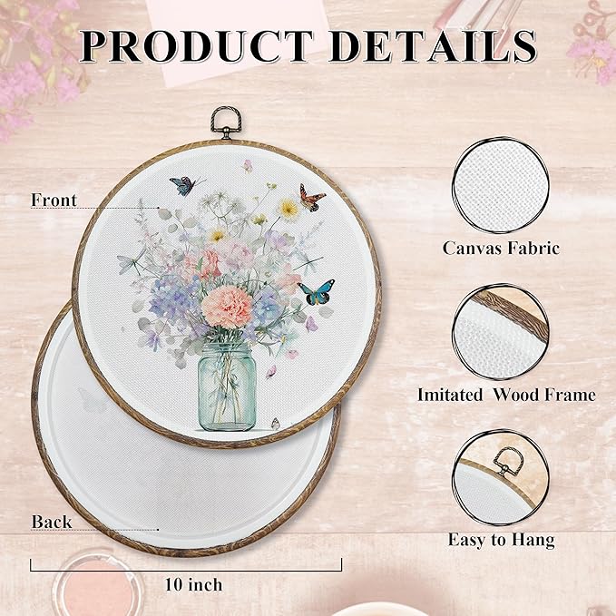 FUGWN Pink floral Round Wall Art Decor Framed, Pastel Floral Bouquet Canvas Artwork Prints, Country Botanical Wildflower Wall Hanging Decorations for Home Bedroom Living Room, 10x10 Inch