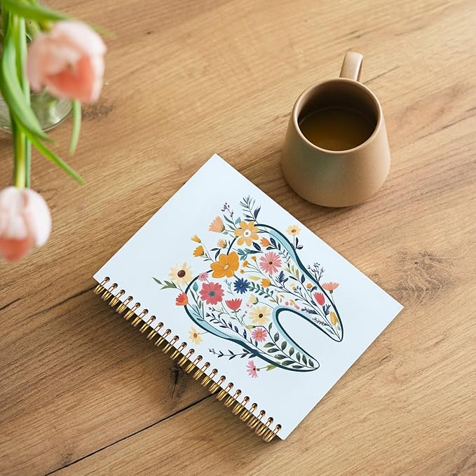 WUCHJ Dentist Gifts Notebook Journal, Dental Assistant Office Gifts for Women, Blue Floral Tooth Dental Spiral Notebook Journal for Note Taking, Dentist Office Supplies, 5.5x8.3 Inch