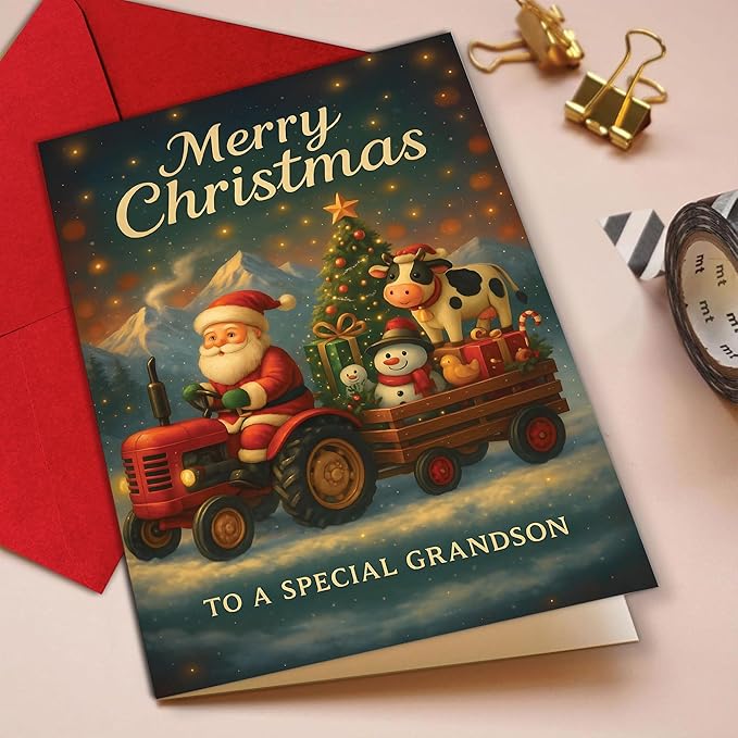 (5.3x8in) Merry Christmas to a Special Grandson Card, Santa on Tractor with Cow and Snowman, Farm-Themed Holiday Greeting Card with Christmas Tree and Gifts, Festive Card with Envelope (Xmas 42)