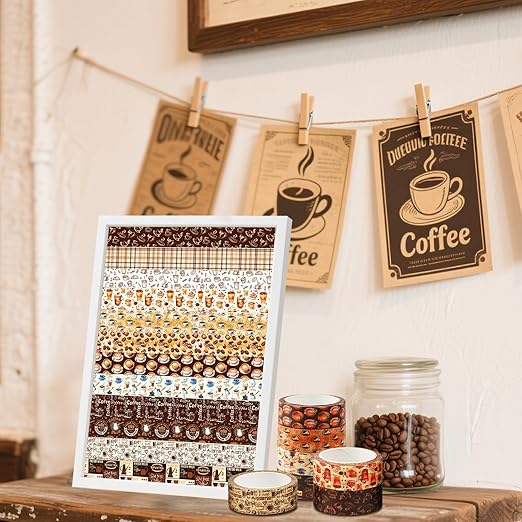 12 Rolls Coffee Washi Tape Set, Vintage Coffee Decorative Tapes, Retro Brown Watercolor Cafe Masking Tape for Journaling, Scrapbooking, Planner, DIY Arts Crafts Supplies, Gift Wrapping 16.4FT